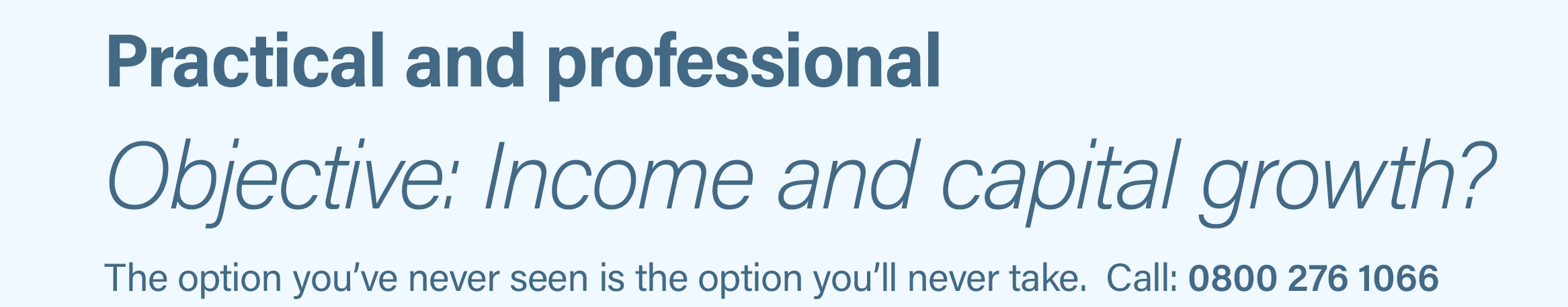 As advertised on Premier Christian Radio, GBNews Radio and Konnect Radio: Friendly, advice from professionals that care, is as easy as 1 - 2 - 3. Portfolios for income and capital growth, for private clients, trustees and churches. Your source for independent financial advice you can trust: 0800 276 1066